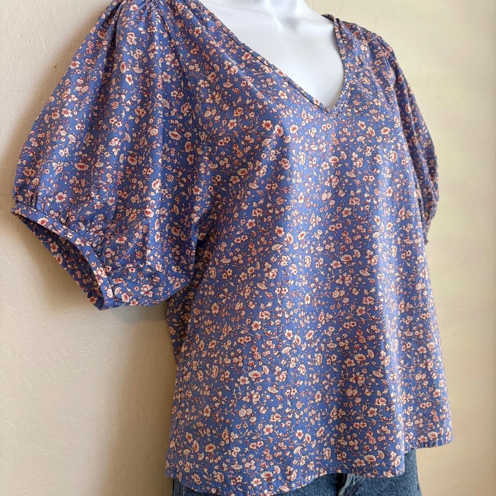 Madewell Blue Floral Puff‎ Sleeve V Neck Casual Blouse Top Women XS Boho Peasant